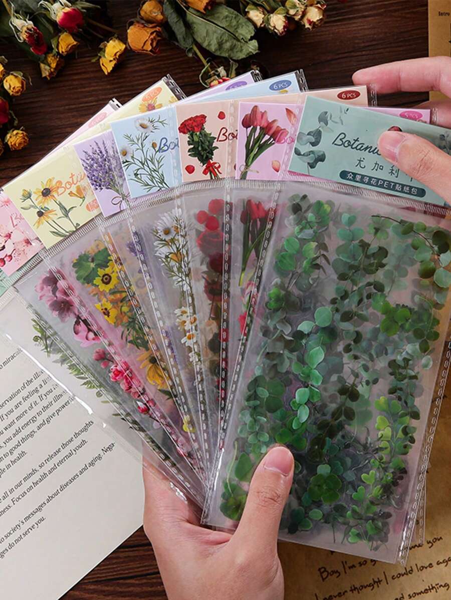 1 paquete de 6 pegatinas de PET de flores botánicas retro, impermeables y removibles, perfectas para decorar diarios, computadoras portátiles, botellas de agua y manualidades DIY
