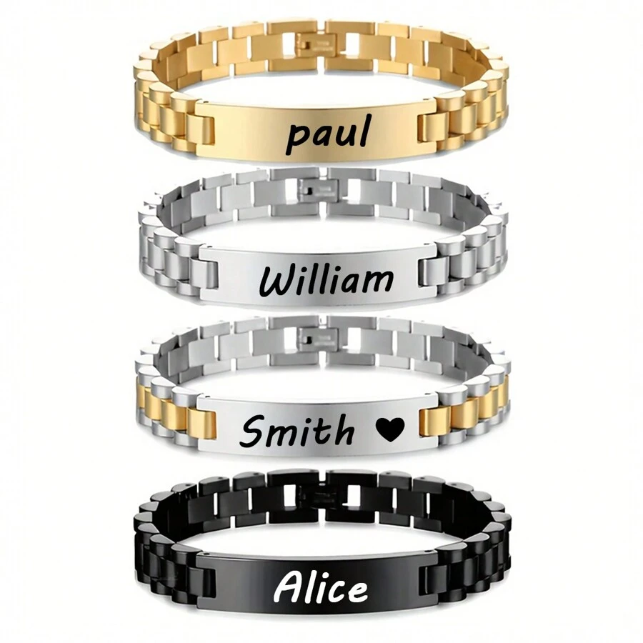 1 Stück personalisiertes Armband Herren Damen Gold/Silber/Schwarz Namensschild Edelstahl Goldkette Paar ID Karten Name Armband, Geschenk zum Vatertag, Geburtstag, Jahrestag
