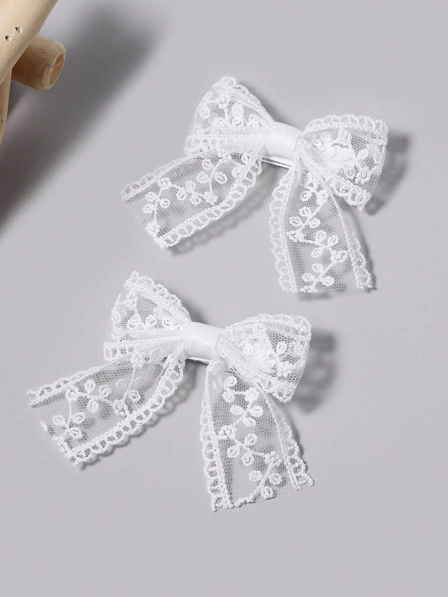 2pcs Small White Lace Hair Bow Clips With Long Tail Ribbon Bow Alligator Barrettes Pins Teen Toddler Baby Flower Girls Wedding Pageant Birthday Party Dress Decor Accessories Gift