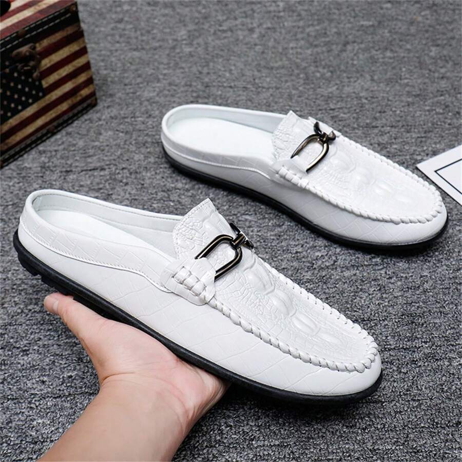 Men Breathable Half Toe Korean Style Penny Loafers With White Non-Lace Slouchy Driving Shoes