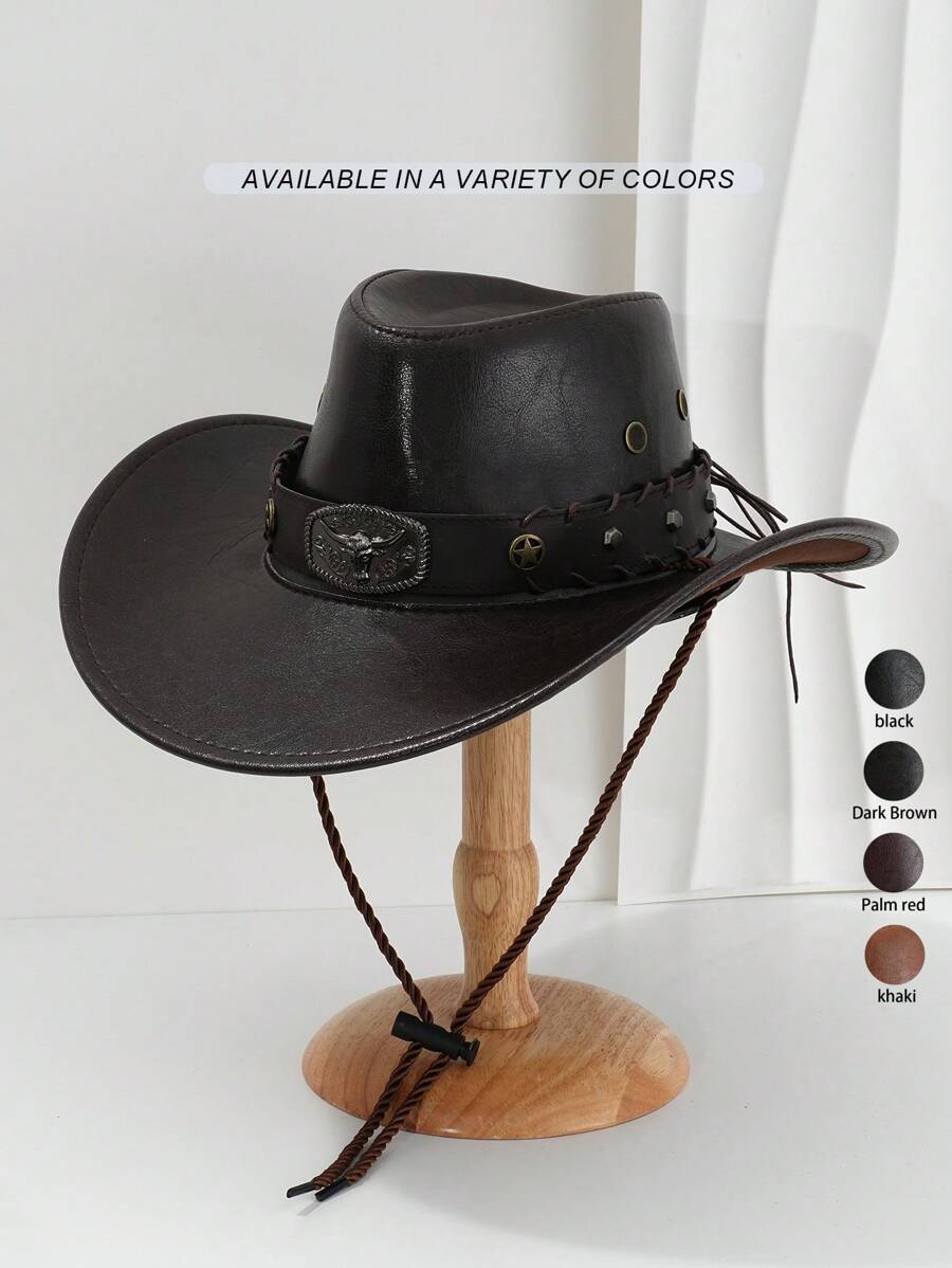 1pc Unisex Solid Color PU Leather Cowboy Hat With Unique 3D Metal Bull And Studded Star Decor, Adjustable Brim Width, New Vintage Cyberpunk Style, Perfect For Parties, Western Themed Events, Cosplay, Halloween, Music Festivals, Travel & Outdoor Activities