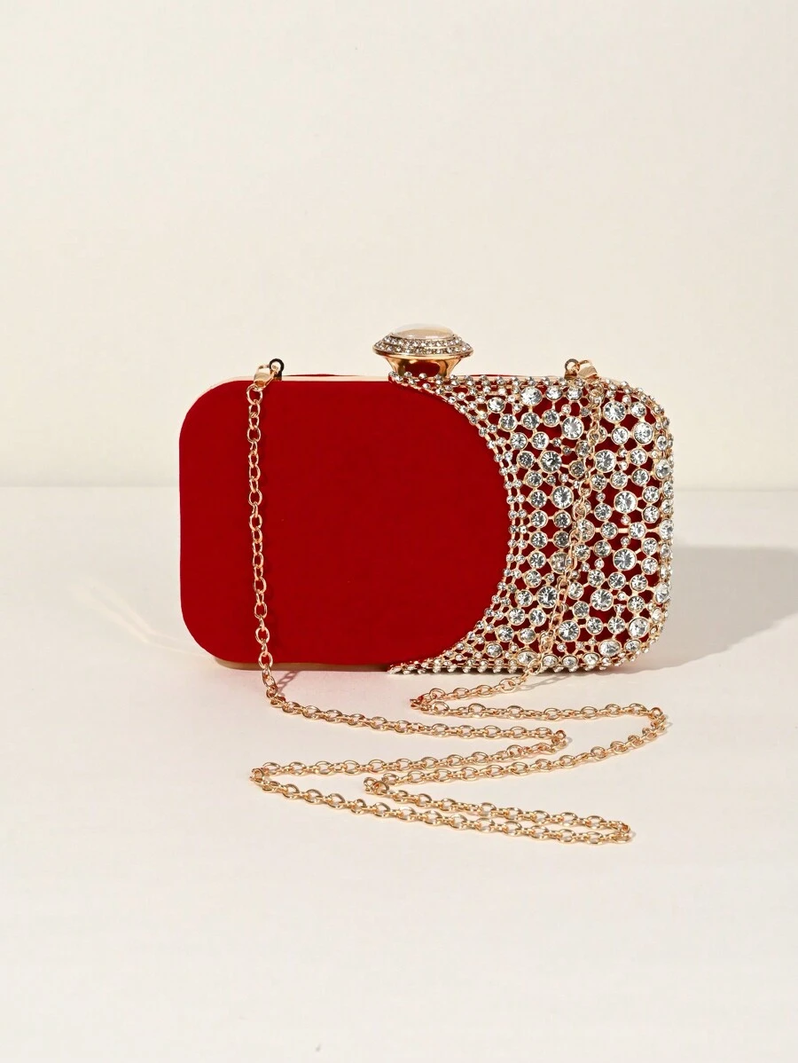 Elegante bolso de mano con brillo de terciopelo mini y pedrería para mujer