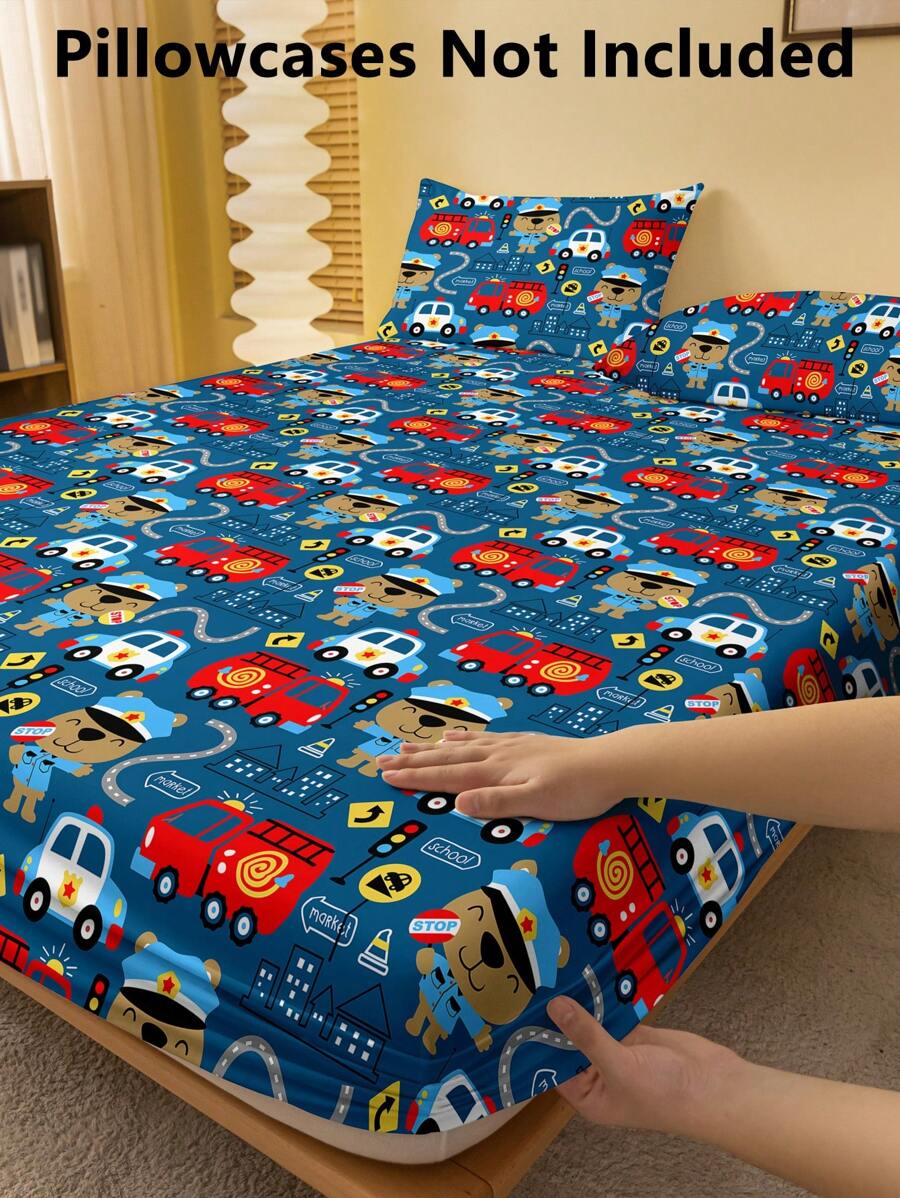 1 pièce Drap-housse brossé imprimé motif de voiture d'urgence, housse de couette imprimée pour chambre à coucher, literie (Housse de coussin exclue)
