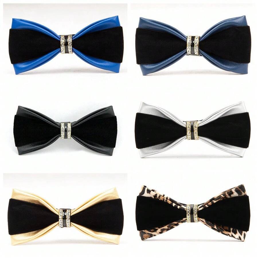 Corbatín de hombre de moda de piel de PU con tachuelas de cristal brillante, adecuado para bodas, fiestas, escenario o cócteles, disponible en múltiples colores