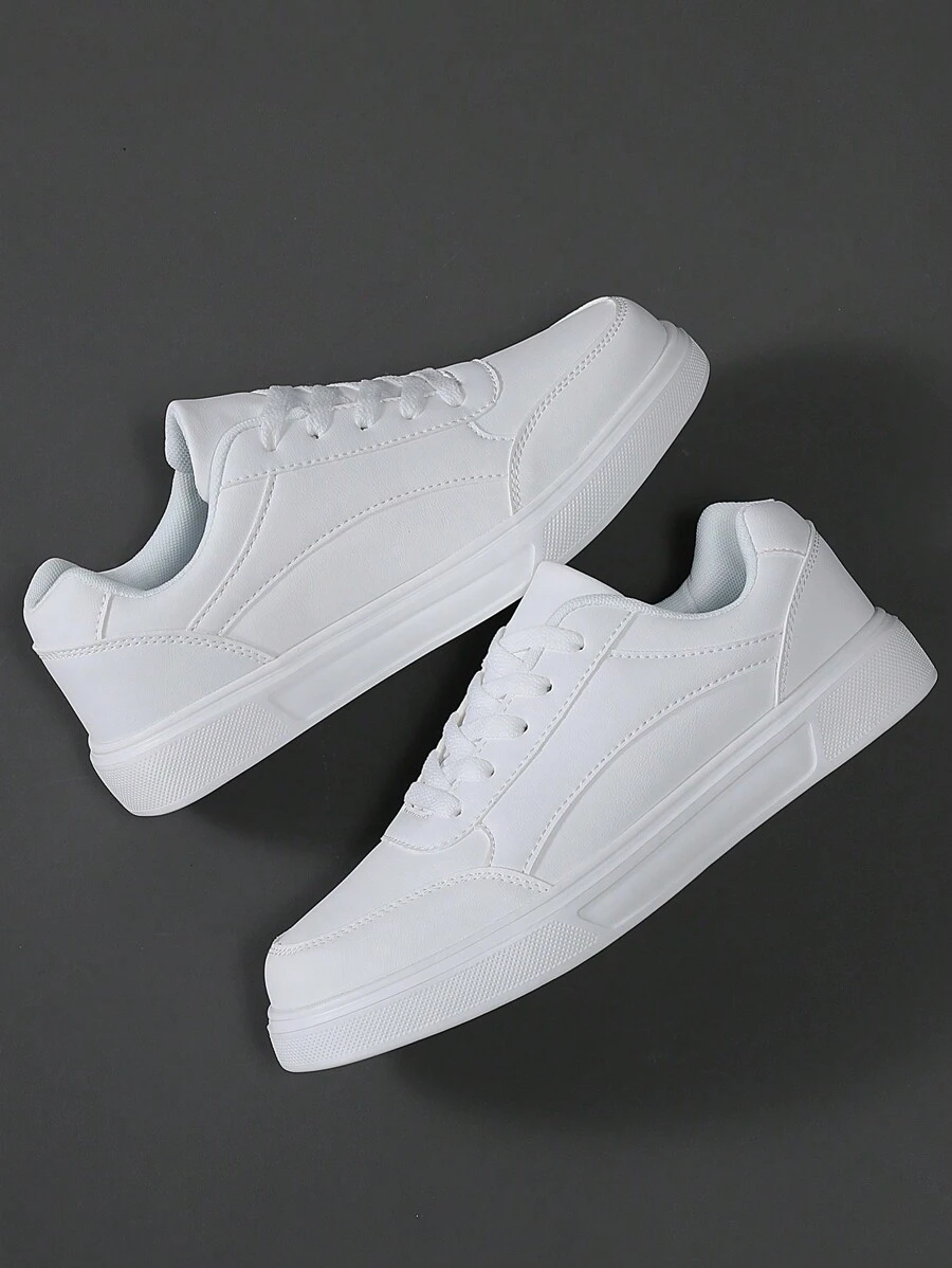 scarpe sportive casual sportive primavera/autunno da uomo a basso profilo bianca PU con punta tonda e suola morbida, chiusura con lacci