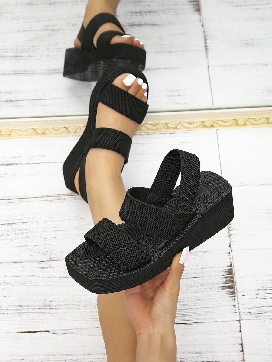 Kate Miuch Women's Classic Retro Style Four-Season Miu-Inspired Thick-Soled Wedge Heel Roman Sandals With A Sense Of High-End Style, Parisian-Style Simplicity, Romantic Open-Toe Design, And Comfortable Breathable Material. Suitable For Parties, Dinners, Sexy And Charming Fairy Style. Black Square-Toed Sandals With Woven Straw Textured Sole And Wedge Heel.