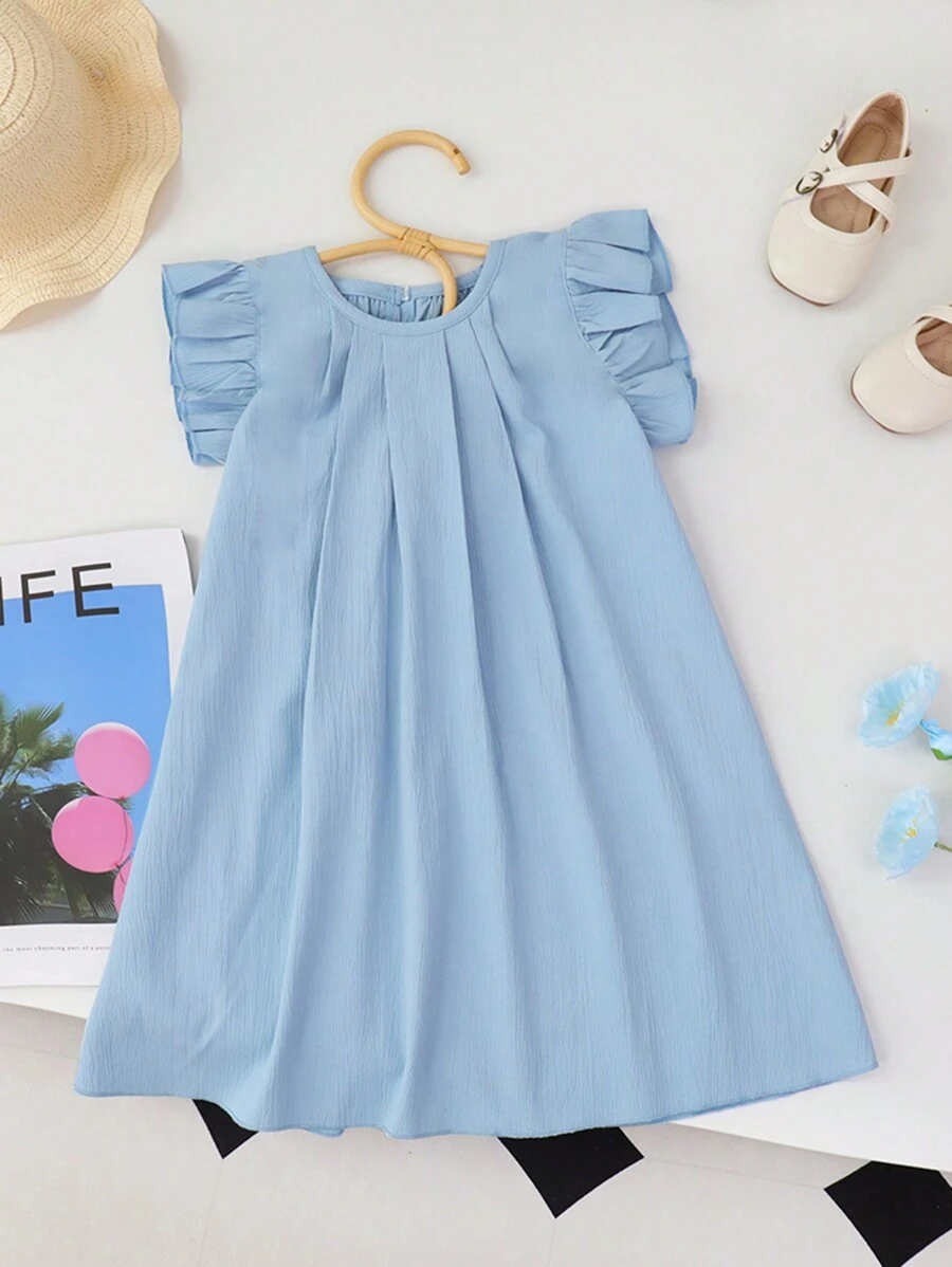 Vestido unicolor plisado sin mangas con ribete de volantes para niña joven, verano