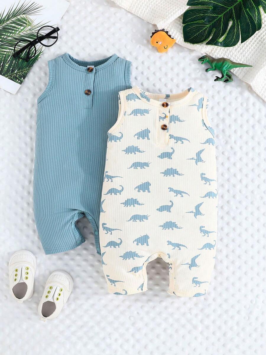 Baby Boy Summer Solid Color Romper And Cute Dinosaur Printed Romper 2pcs Crawling Suit