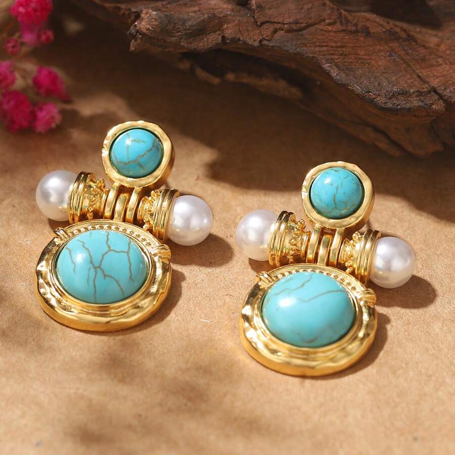 1 paire Boucles d'oreilles cloues vintage en cuivre plaqué argent 925 incrustées de turquoise et de perles pour femmes, cadeau pour rendez-vous ou fête