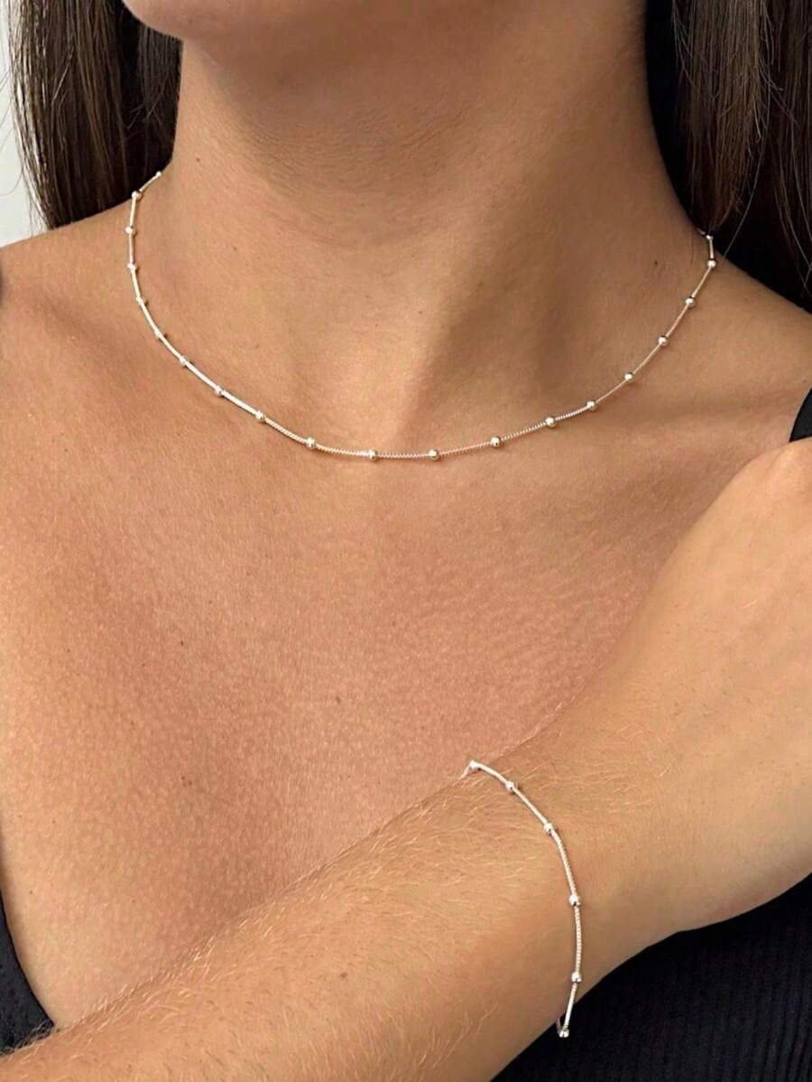 Kit Colar+Pulseira de bola Tifanny delicado banhado a ouro 18K a prata 925