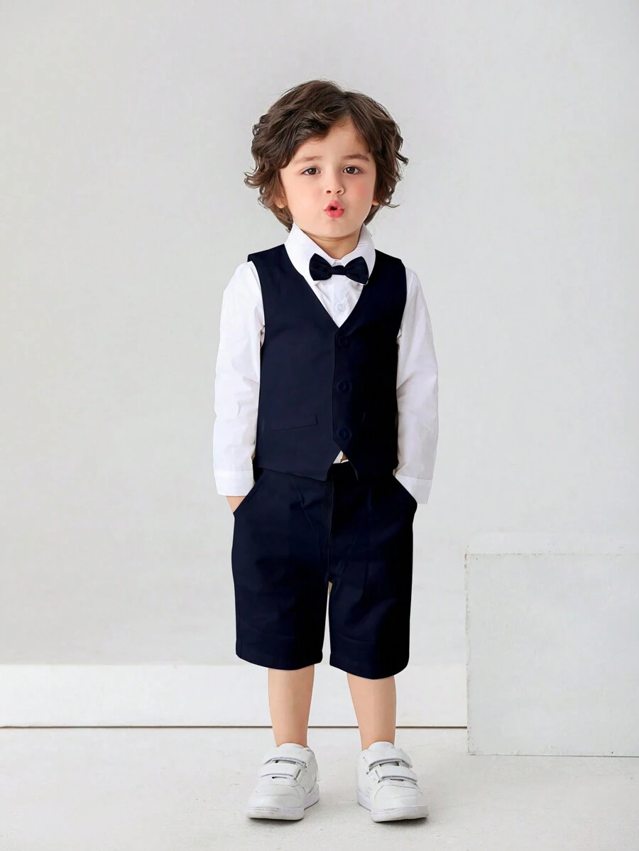 Young Boy Gentleman Suit With Bow Tie, Long Sleeve Shirt And Vest Shorts, Suitable For Birthday Party, Wedding, Performance And Banquet