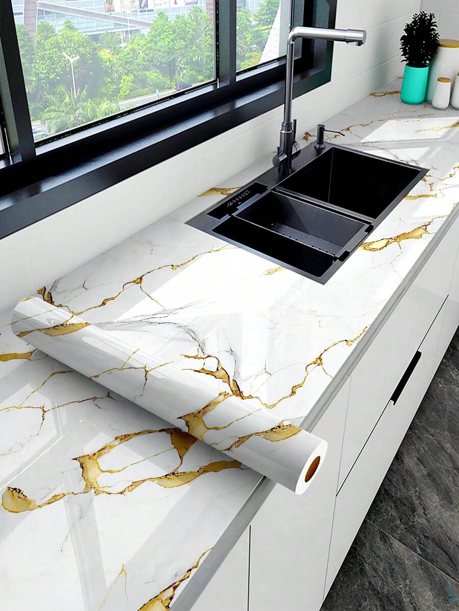 1pc Pink Gold-Marbled Self-Adhesive Kitchen Tile Sticker, Nordic Style Waterproof Oilproof Glossy Backsplash & Cabinet Drawer Wallpaper,Stickers,Wall Decal,Vinly Decal For Home Decorations,Spring Decoration Items Refesh Your Home,Rama Decoration Stickers Gifts Birthday Graduation