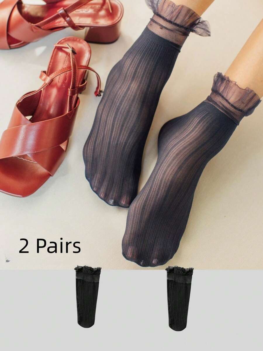 2 Pairs Women Summer Sheer Lace Top Thin Crew Socks Velvet Anti-Friction Breathable Pantyhose, Black, Suitable For Daily Use