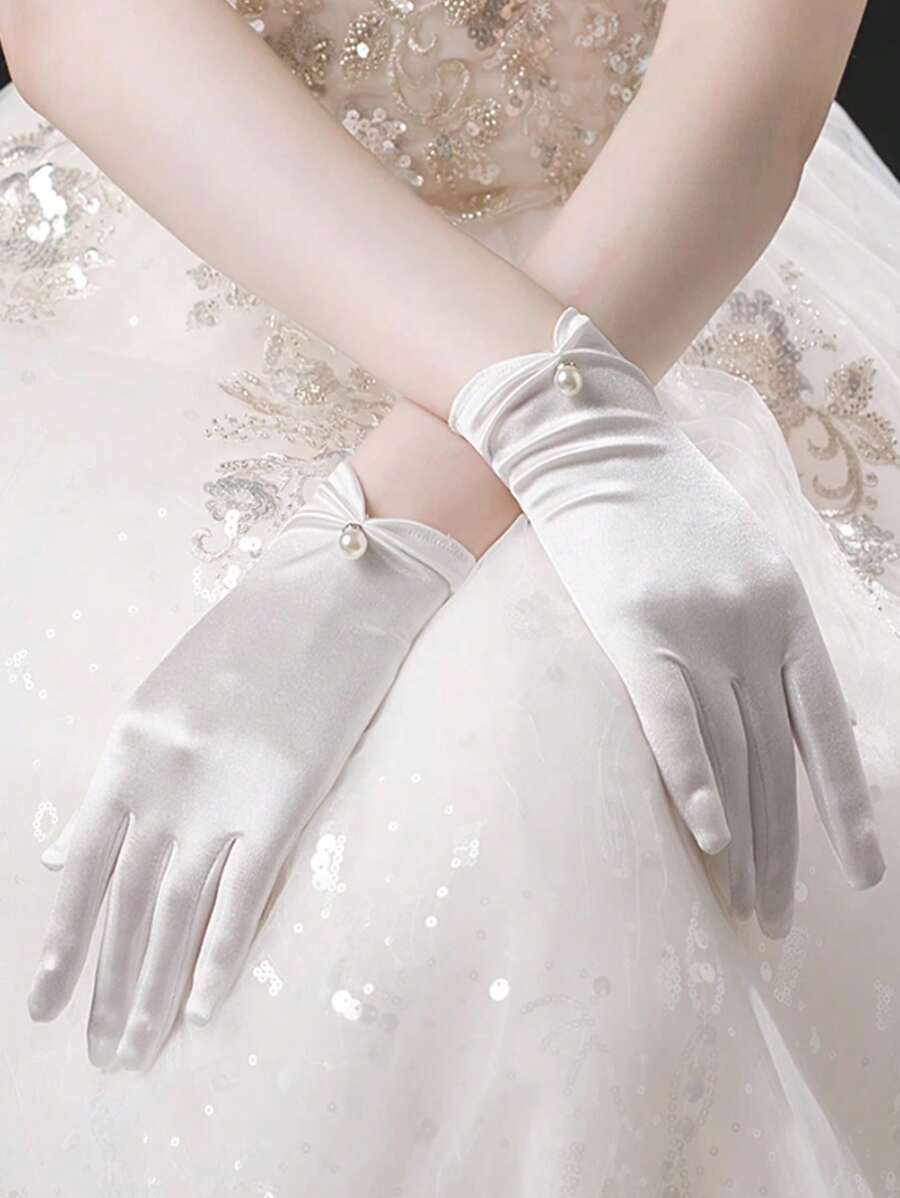 1 pieza Guantes de vestir para niñas, guantes de satén con perlas falsas blancos/negros para bodas, actuaciones, baile y accesorios nupciales