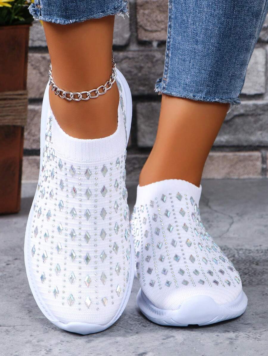 2024 New Women's Outdoor/Casual Sports Shoes With Rhinestone Decor, Breathable And Anti-Slip Design, Comfortable Knit Material
