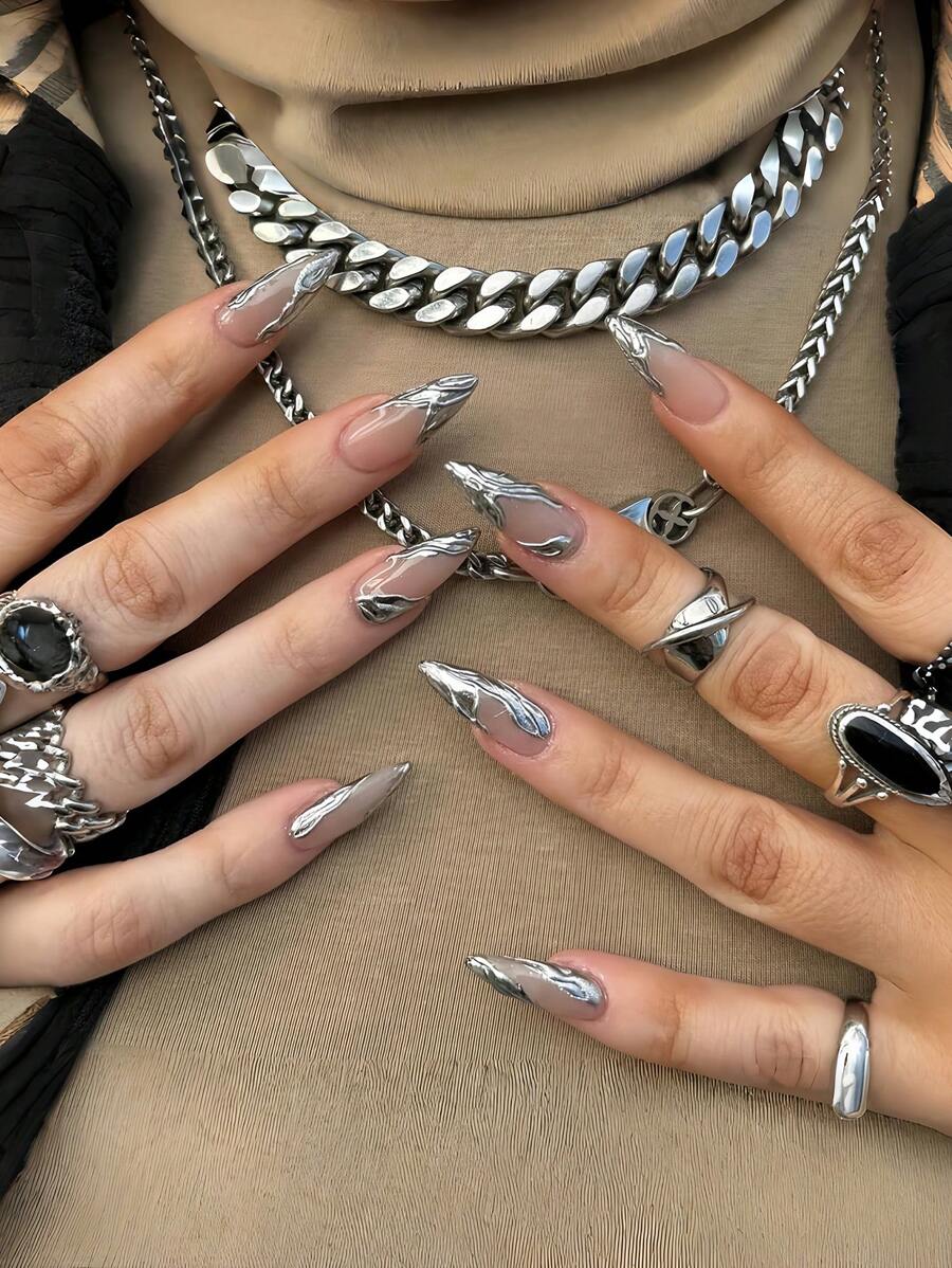 24pcs European And American Style White Silvery Water Ripples Almond Shape Nail Tips + 1pc Jelly Gel + 1pc Nail File Press On Nails Nail Supplies