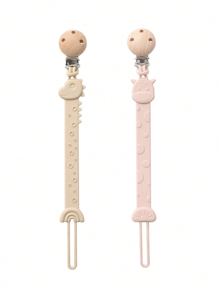 2pcs Baby Silicone Pacifier Clip, Dinosaur And Giraffe Design Anti-Drop Pacifier Holder, Nipple Clip, Baby Teether Teething Toys Holder , Baby Accessories, Baby Shower Gift