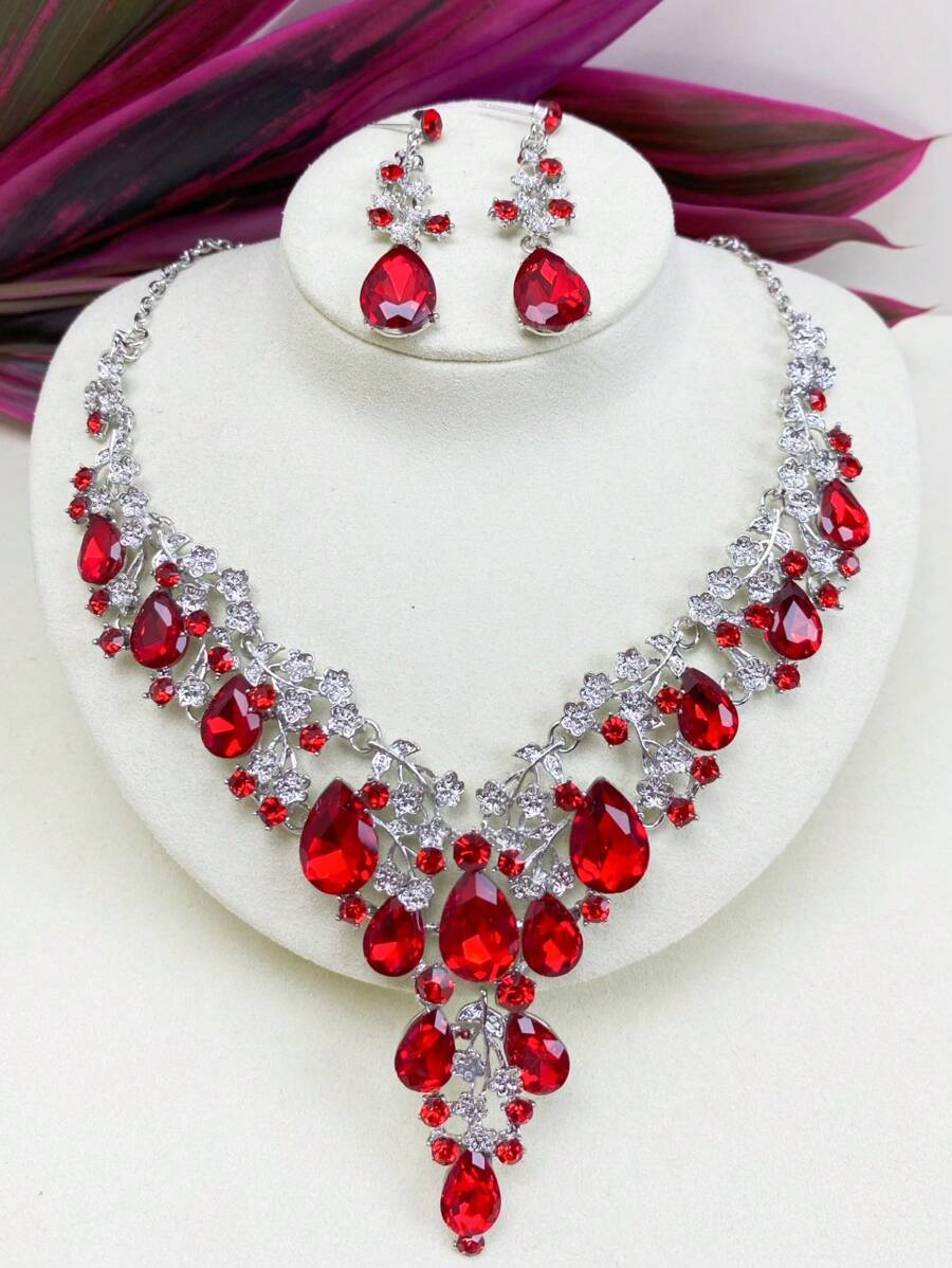 2pcs Women's Necklace And Earrings Set, European And American Style Elegant Bridal Jewelry Set With Imitation Gemstones And Rhinestones For Wedding Dress, Evening Dress And Personal Photo Shoot Accessories, Gorgeous And Exquisite Craftsmanship