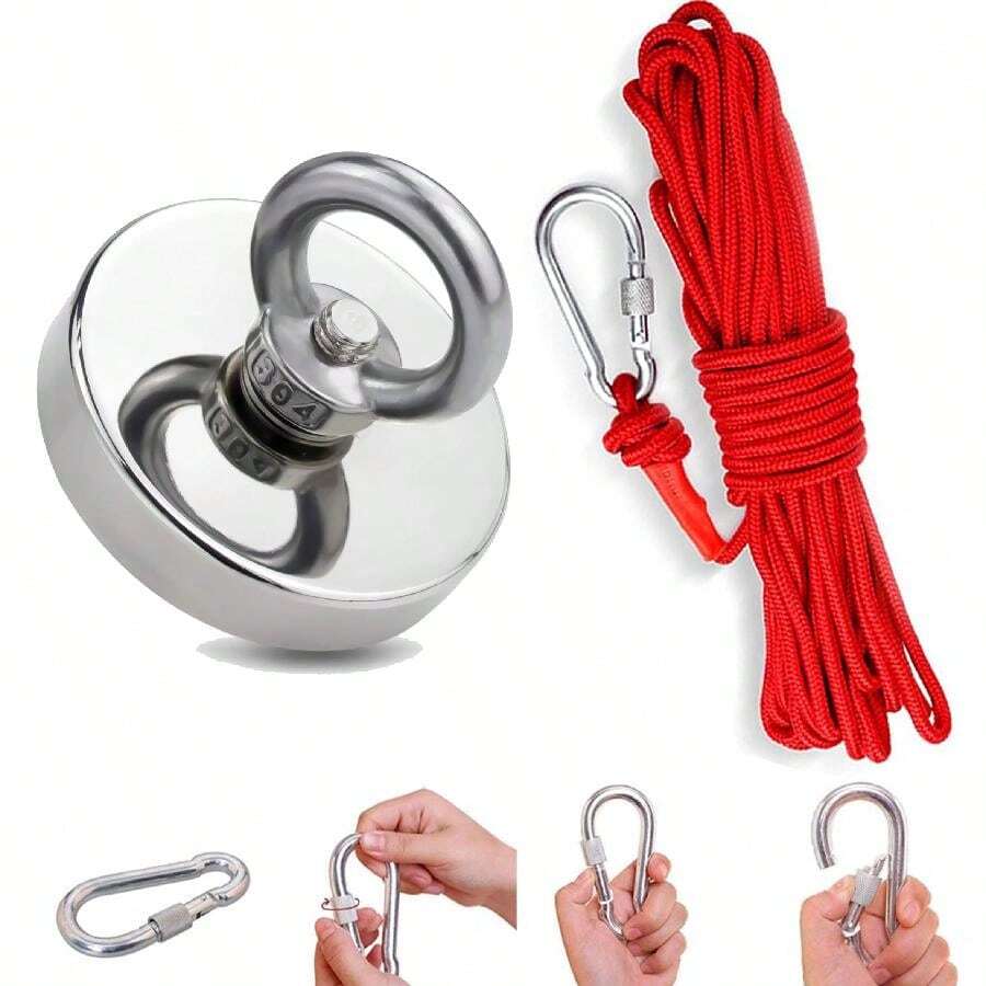 1 set 75mm (2,95 pollici) Magnete da pesca ultra resistente da 600 libbre + Corda di recupero da 10 metri con moschettoni, kit di salvataggio con magnete al neodimio super potente, adatto per pesca magnetica nei fiumi