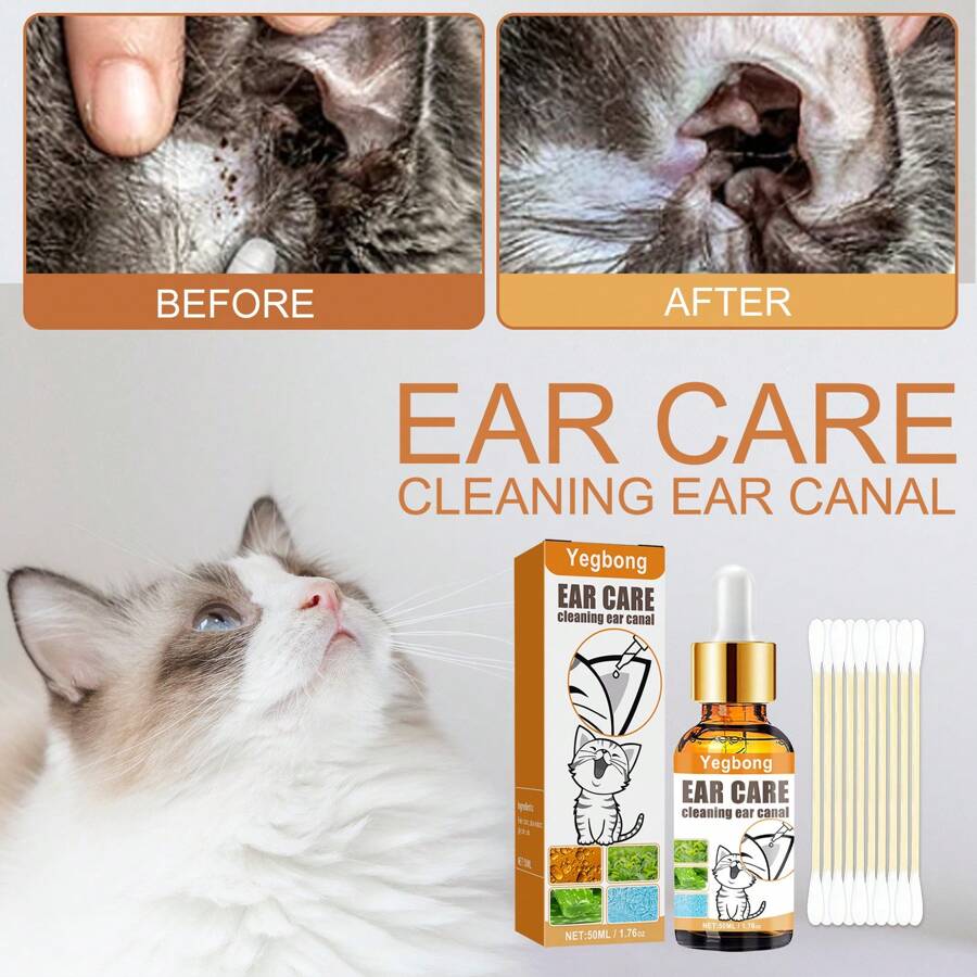 50ml Ear Cleaning Solution With 10 Cotton Swabs, Universal Dog & Cat Ear Cleaning Set, Precise Ear Wax & Odor Removal, Effective Anti-Itch