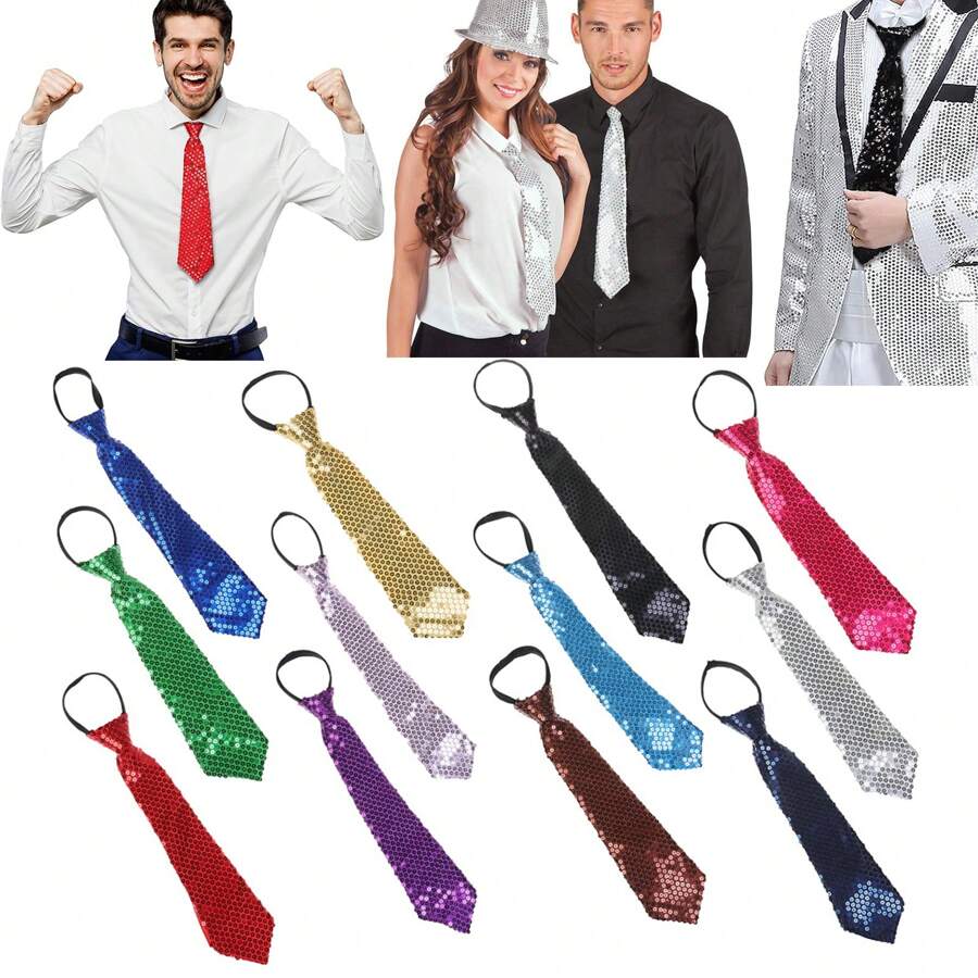 1pc Sequined Zipper Ties For Men, Glitter Sparkly Paillette Adjustable Pre-Tied Zip Necktie, Shinning Sequins Dance Party Magic Show Stage Performance Costume Tie