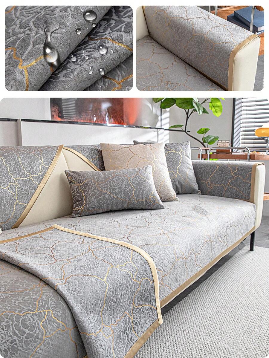 1pc Noble Jacquard Waterproof Sofa Cover With Golden Borders, Suitable For 1/2/3/4 Seater Sofa, All Seasons