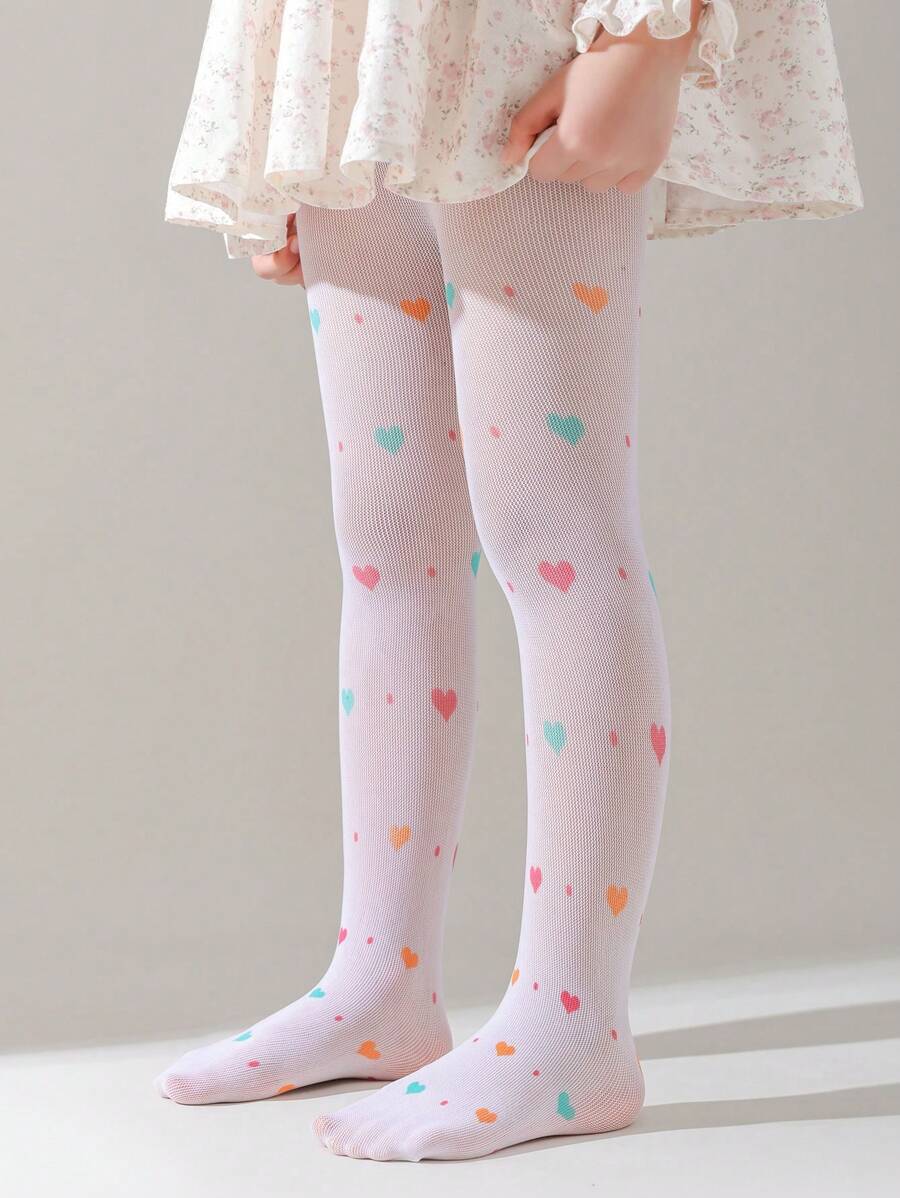 1pc Girls' Thin Mesh Tights, Summer Heart Strawberry Cherry Butterfly Print Sweet Pantyhose Princess Socks