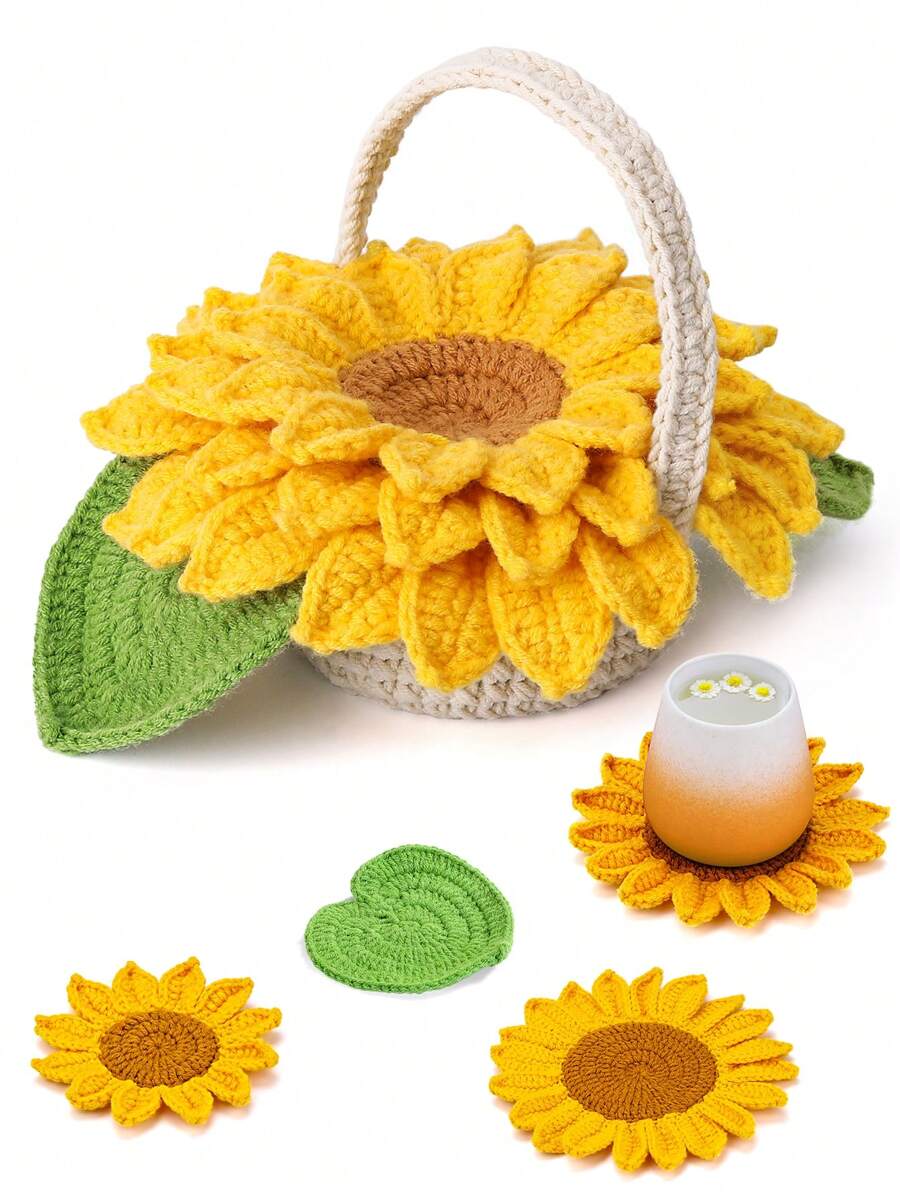 1 set Coaster de girasol Kit de ganchillo, decoración de mesa hecho a mano con instrucciones detalladas