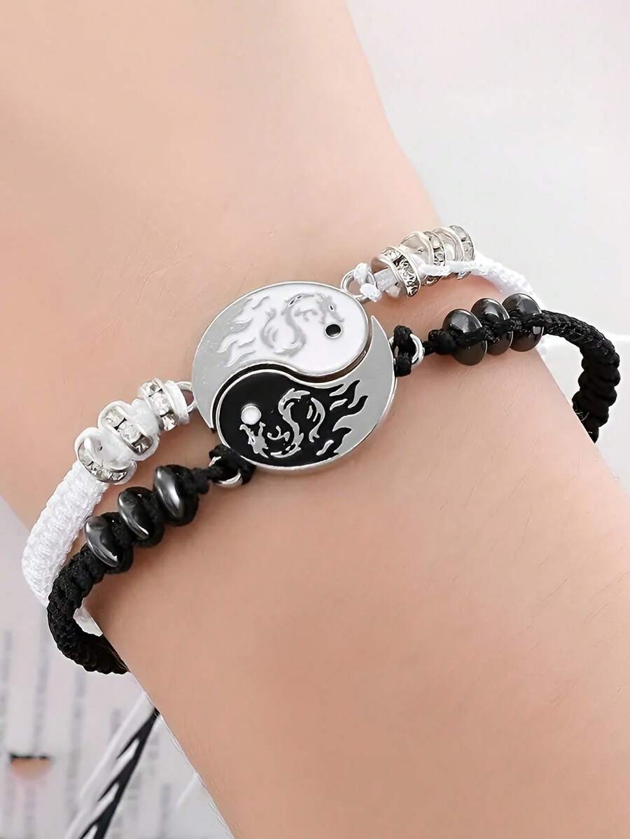 1 opakowanie 2 sztuk retro ręcznie robionej bransoletki Tai Chi Yin Yang Dragon, para uczniów płci męskiej i żeńskiej, plecione bransoletki, czarno-białe prezenty, prezenty dla par, spotkania towarzyskie, stroje na wyjścia, prezenty dla dobrych przyjaciół, prezenty z biżuterią dla chłopców i dziewcząt, biżuteria dla chłopców i dziewcząt