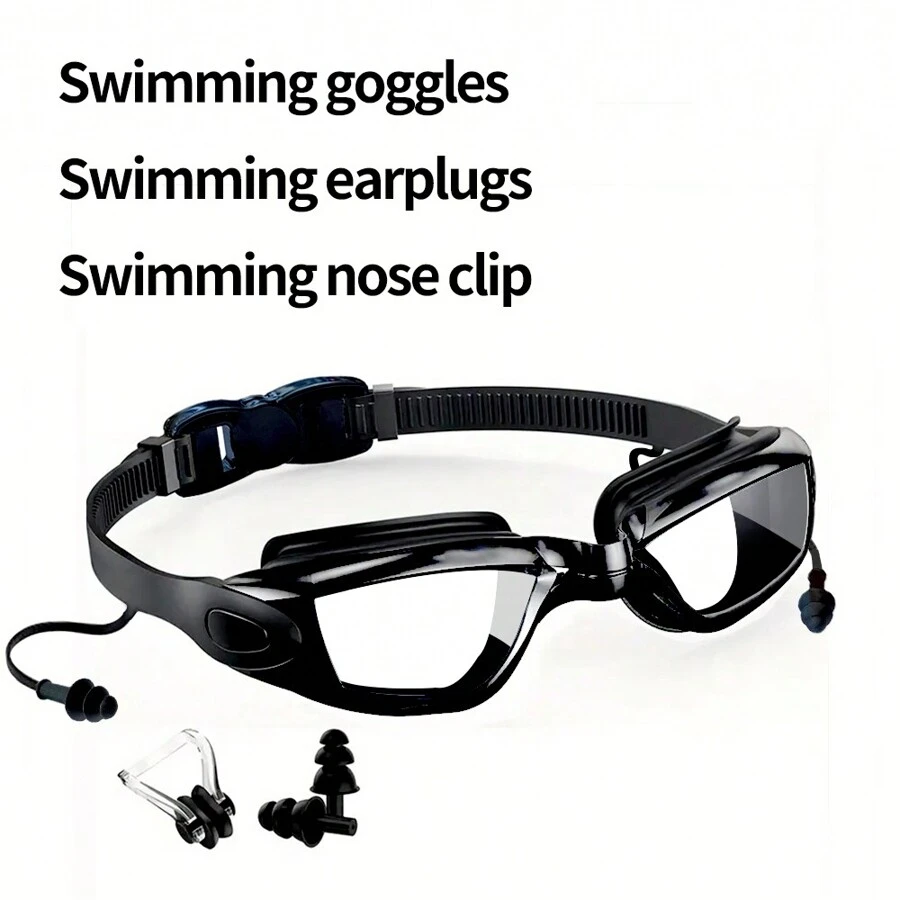 Kit de natation comprenant des lunettes de natation anti-buée et protection UV, des clips pour le nez et des bouchons d'oreille. Lunettes de natation réglables et étanches pour hommes et femmes.