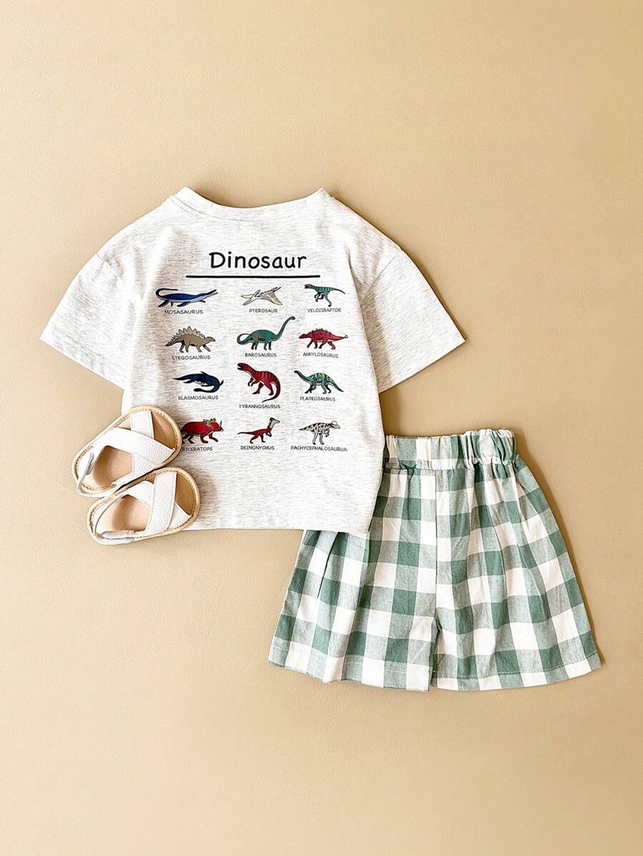 2pcs Baby Boy Casual Dinosaur Printed Short Sleeve T-Shirt And Plaid Shorts Set For Summer