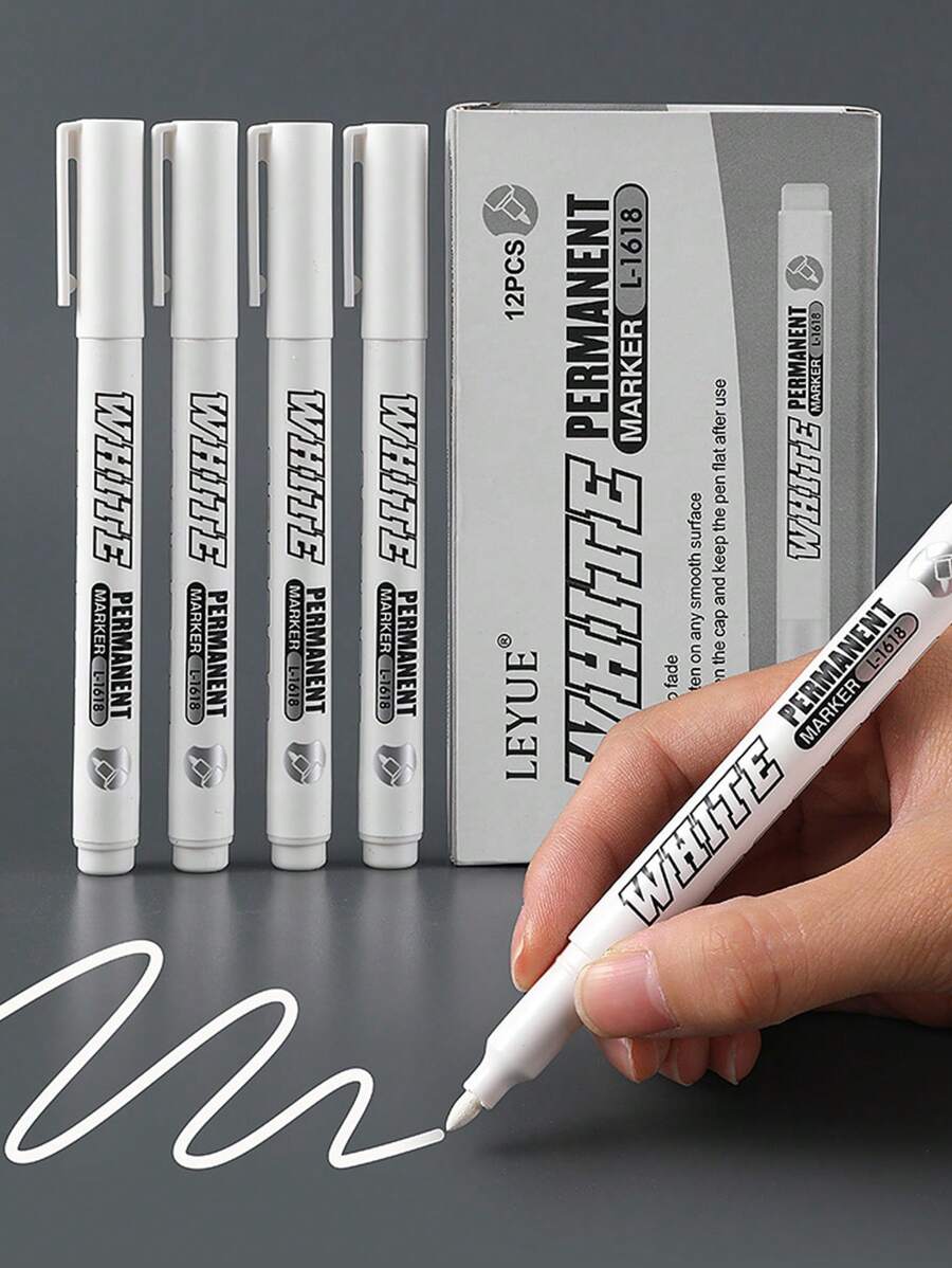 1pc/12pcs White Fine Tip Waterproof Quick-Dry Permanent Markers, Suitable For Glass Cups, Windows, Tire Painting, Clothes, Wood And Leather, Ceramics, Metal, Paper, Art And Sketching