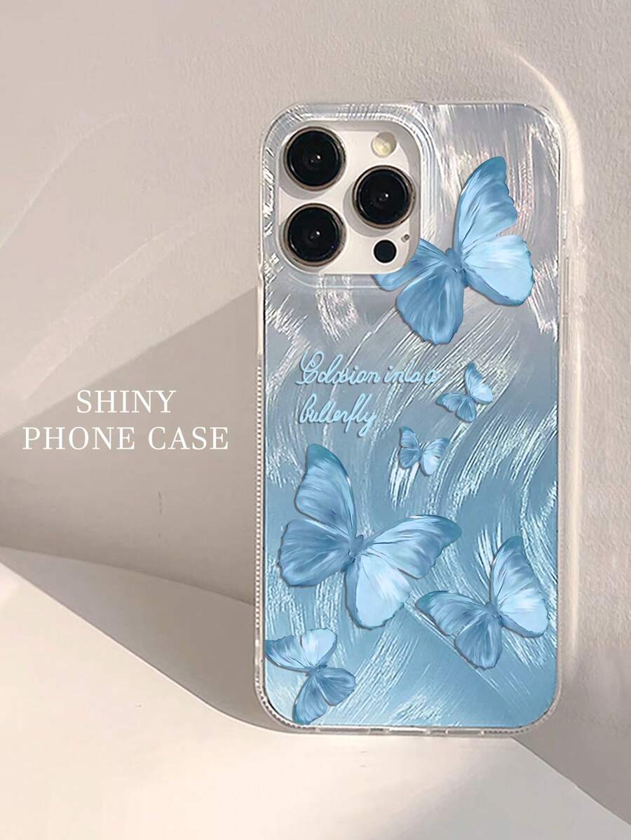 1pc Blue Gradient Sparkling Butterfly Pattern Phone Case