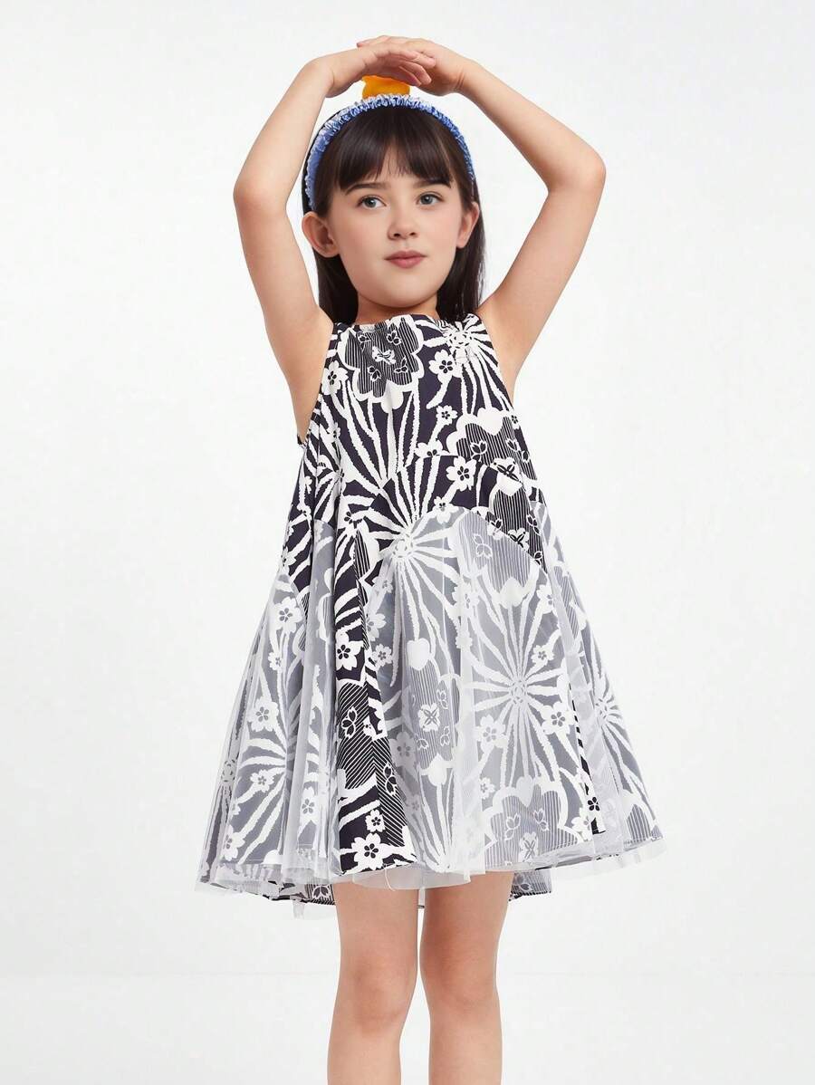 Annil Vestido sin mangas de cuello redondo de algodón puro impreso con una hermosa flor de malla para niña preadolescente, suave y cómodo para el verano