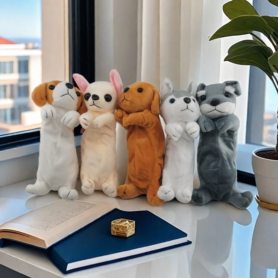 Estuche de lápices de papelería de dibujos animados de perro de peluche, bolsa de lápices de animal para niños, suministros escolares, bolsa creativa para lápices de niña