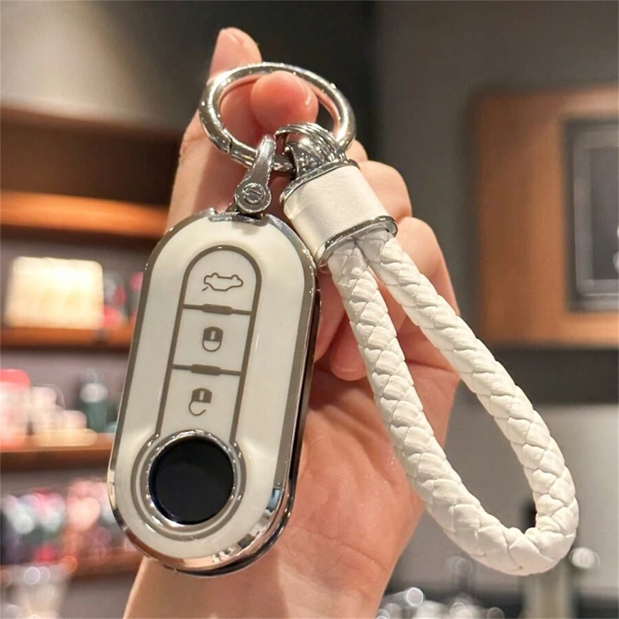 Key Fob Cover With Keyring Keychain Lanyard For Fiat 500 500L Brava Bravo Doblo Ducato Fiorino Punto Panda Palio Stilo Lancia,3 Buttons TPU Flip Key Fob Protective Cover Car Key Cover Case Car Accessories Bag Charm Backpack For School