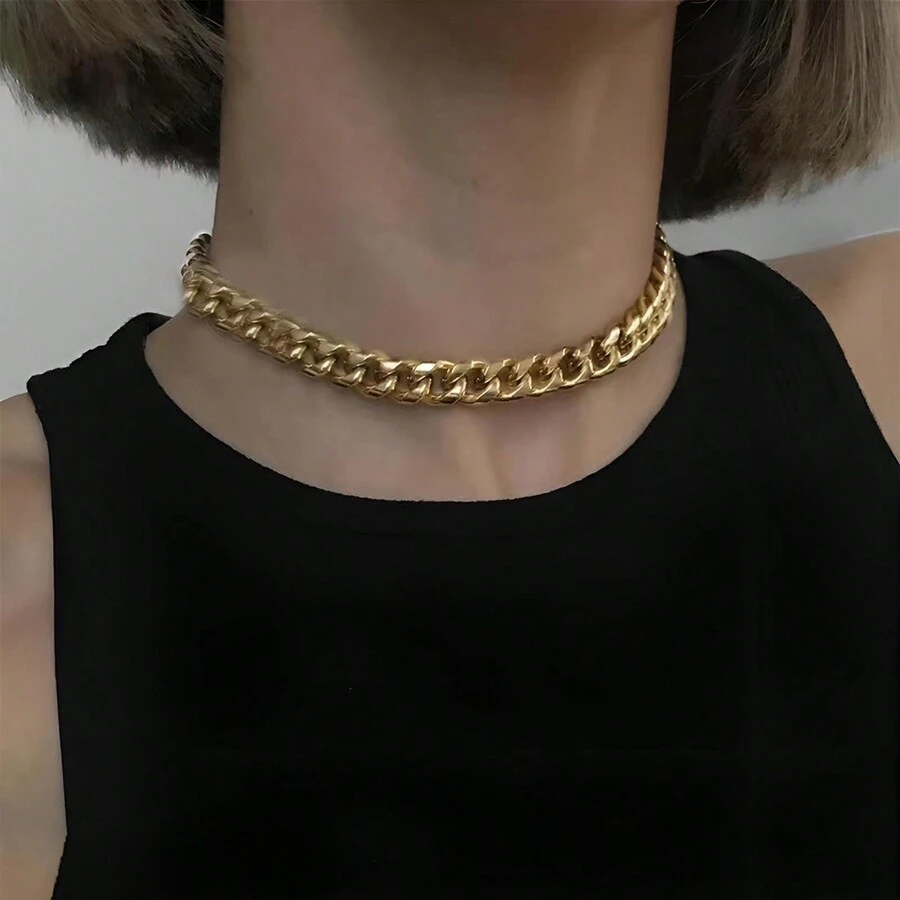 1pc Minimalist Waterproof Hip Hop Choker Necklaces 9MM 18K Gold Plated Stainless Steel Cube Chain Necklace Mother's Day Gift Women Party Chunky Jewelry
