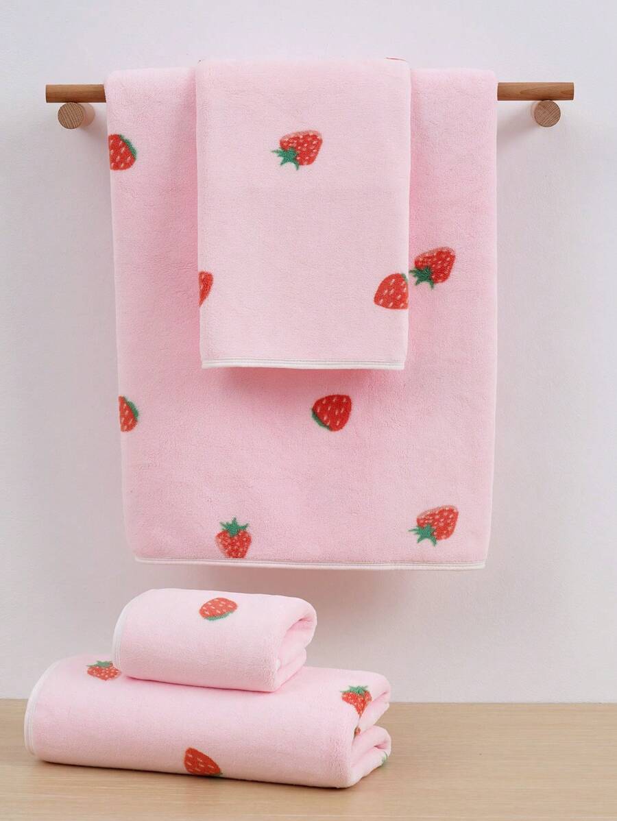 1 pieza Toalla de felpa de microfibra ultra suave, absorbente y con estampado de fresa rosa, disponible en varios tamaños vendidos por separado, para decoración del baño en el hogar o salón de belleza