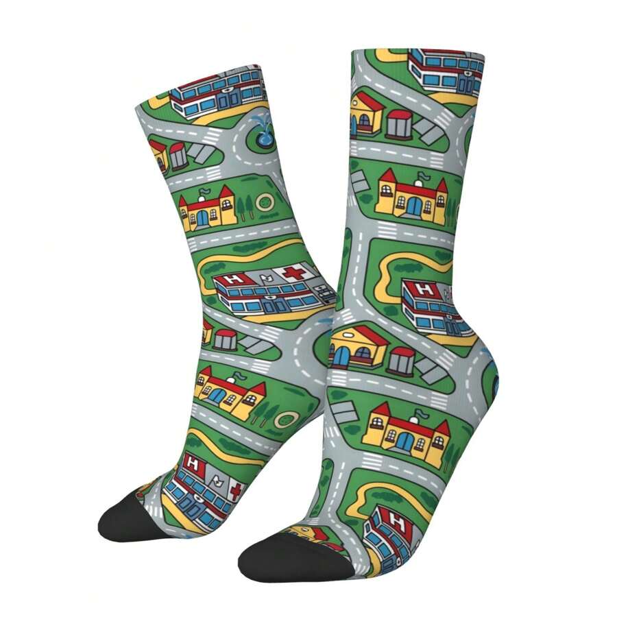 1 par de calcetines locos y divertidos para hombre, diseño de alfombra de carretera de ciudad en coche y juguete nostálgico de los años 90, patrón impreso alegre de hip hop Harajuku, sin costuras, modelo de compresión para niños, regalo novedoso