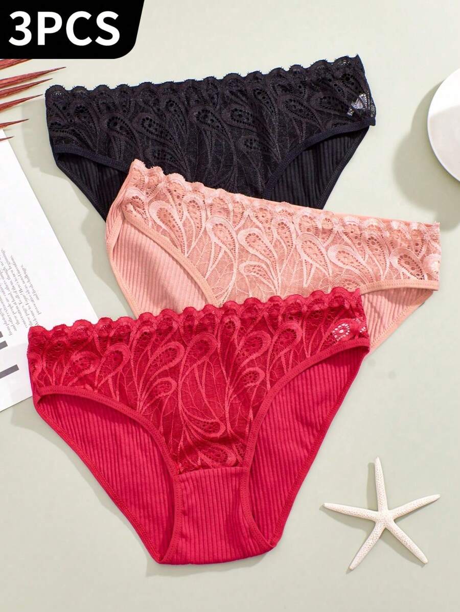 3 Teile/satz Damen Modische Spitze Patchwork Höschen, Feder & Spitze Trim Atmungsaktive Bequeme Dreieck Unterwäsche