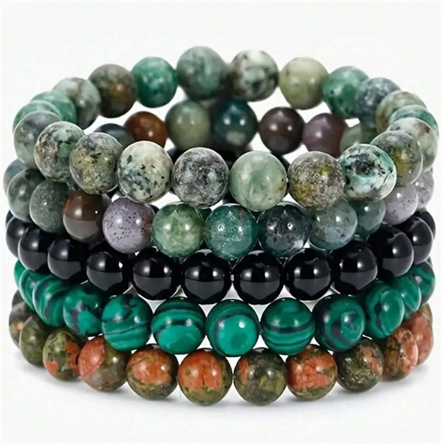 YAUKIA Conjunto de 5 pulseras de cuentas de piedra natural, conjunto de conexión a tierra, pulseras energéticas de cristal apilables, adecuadas para uso diario por mujeres y hombres