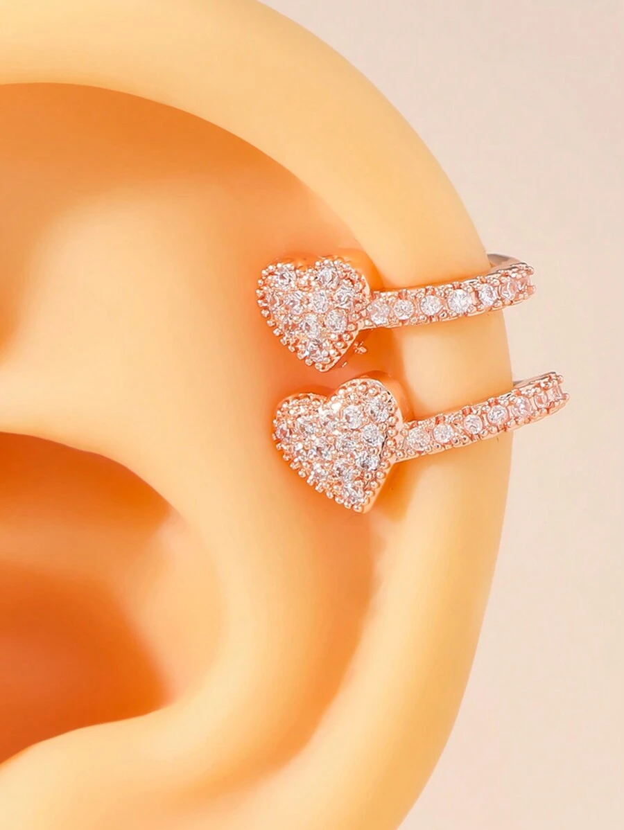 1pc Fashionable & Elegant Dual Cubic Zirconia Heart Shaped Ear Cuff For Women, Copper Jewellery Perfect For Banquets Valentines