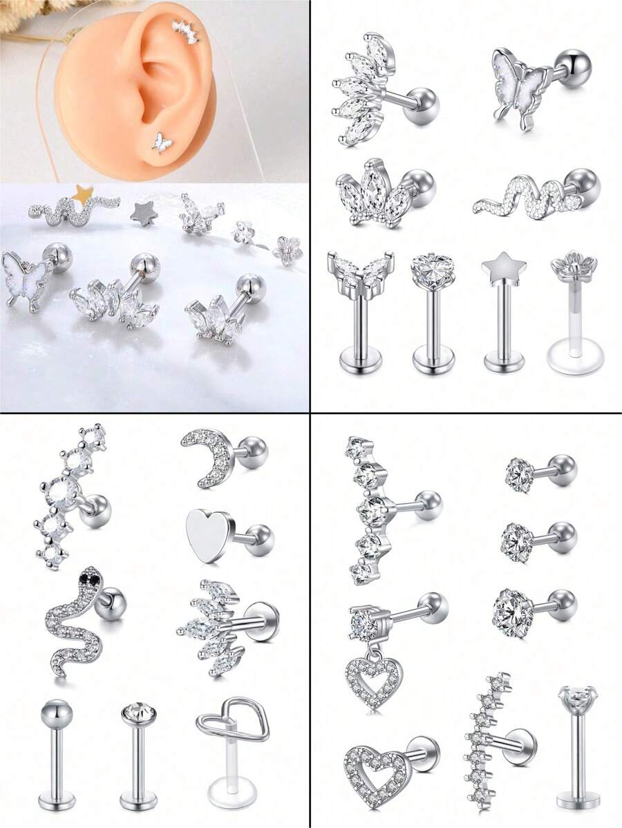 CIZME 1 Set (8 piezas) Pendientes de cartílago para mujeres, pendientes de moda para perforaciones de hélice y trago, fabricados en acero inoxidable con cristal artificial, circonita cúbica y aro labial, colores disponibles: plateado, dorado, rosa dorado y negro