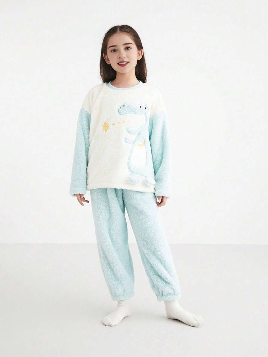 Annil Boys And Girls Winter Thickened Warm Pajamas Soft And Comfortable Velvet Kids Home Clothes Set Green