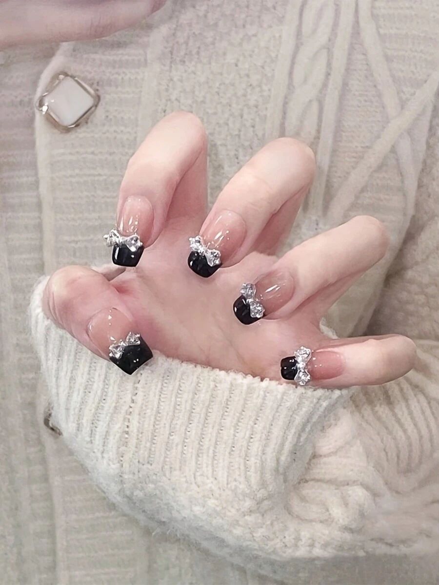 10pcs/Set Handmade Press On Nails Medium,Sparkling Bow Decoration Nail Art,Women Girls Manicure Decorations,Reusable Nails,Gifts For Ladies Nail Supplies