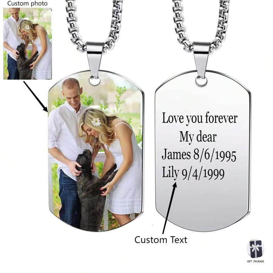 Collier pendentif à plaque d'identité personnalisé avec photo, gravé avec date/texte/image, acier inoxydable, cadeau personnalisé pour couple