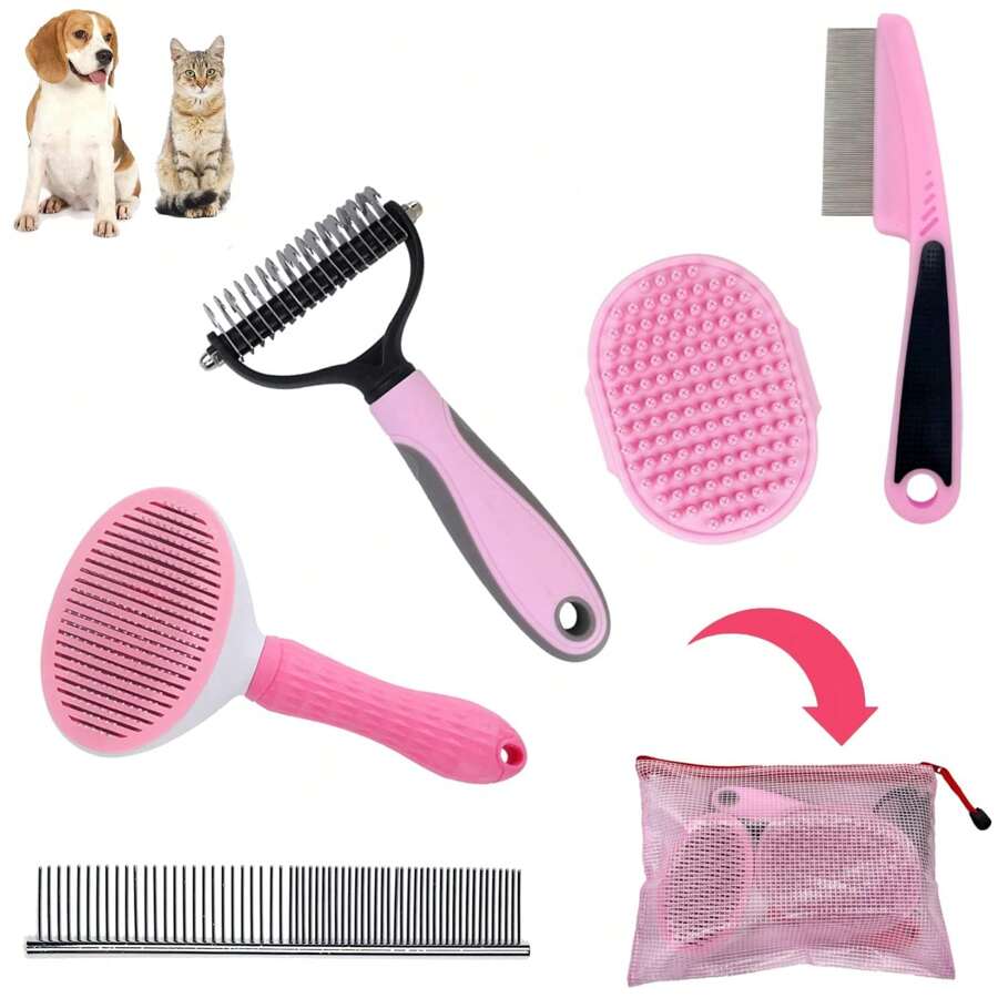 5-In-1 Pet Grooming Brush Set, Dog Deshedding Tool, Undercoat Rake And Slicker Brush For Short Hair Dogs And Puppies