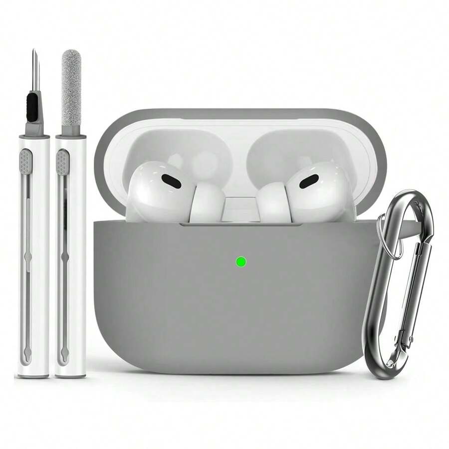 1 Stück einfarbiger Silikon Airpods Schutzhülle-Set mit Karabinerhaken und Reinigungsstift