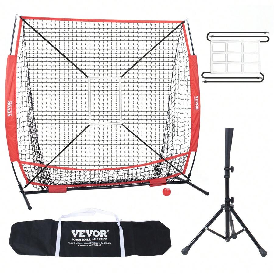 KFFKFF 5x5 Ft Baseball Softball Practice Net, Portable Baseball Training Net For Hitting Batting Catching Pitching, Backstop Baseball Equipment With Bow Frame, Carry Bag, Strike Zone, Ball, Batting Tee