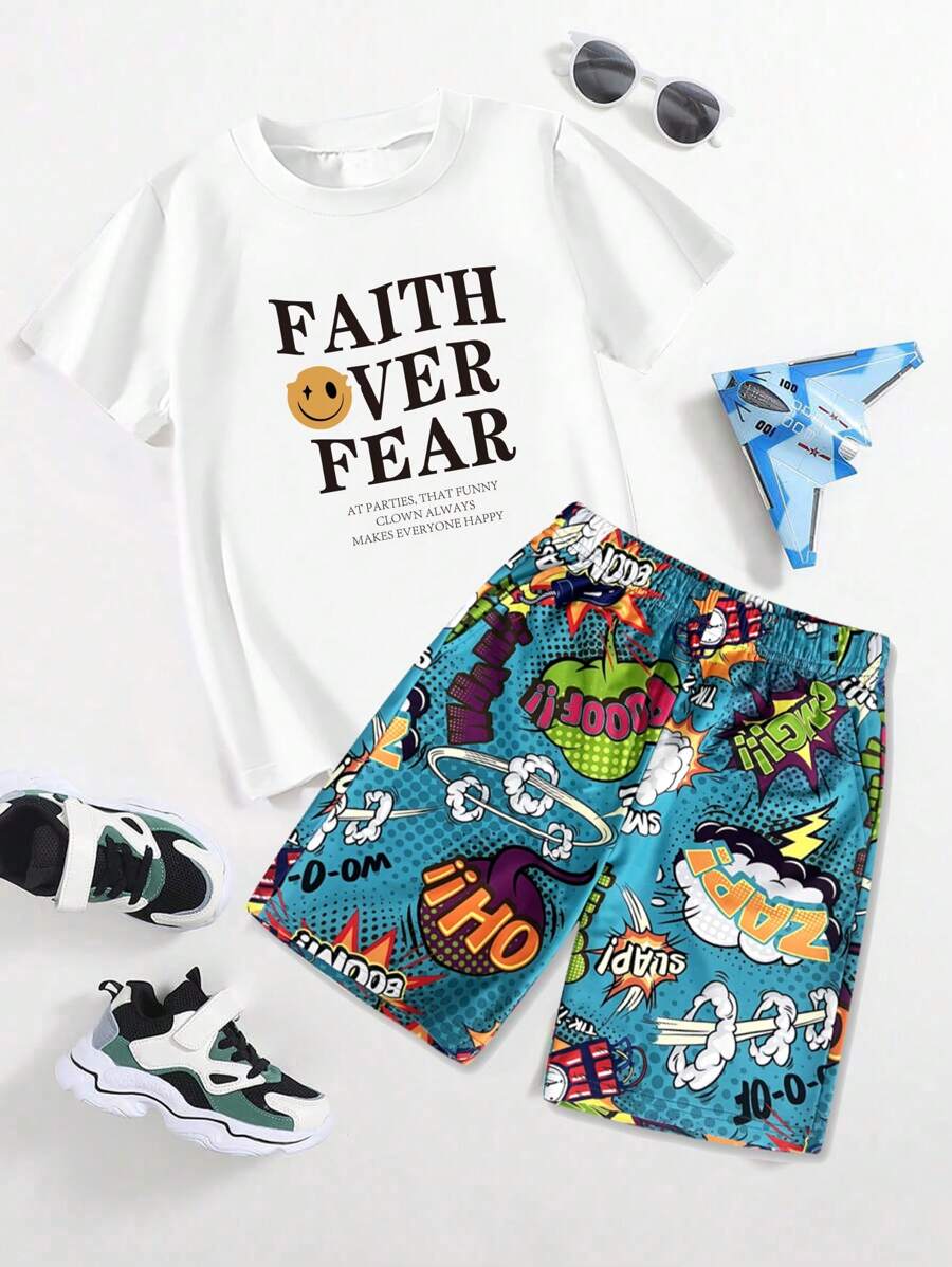 2pcs Tween Boy Casual Sports Letter & Smiling Face Print T-Shirt And Fashionable Casual Print Beach Shorts, Spring/Summer